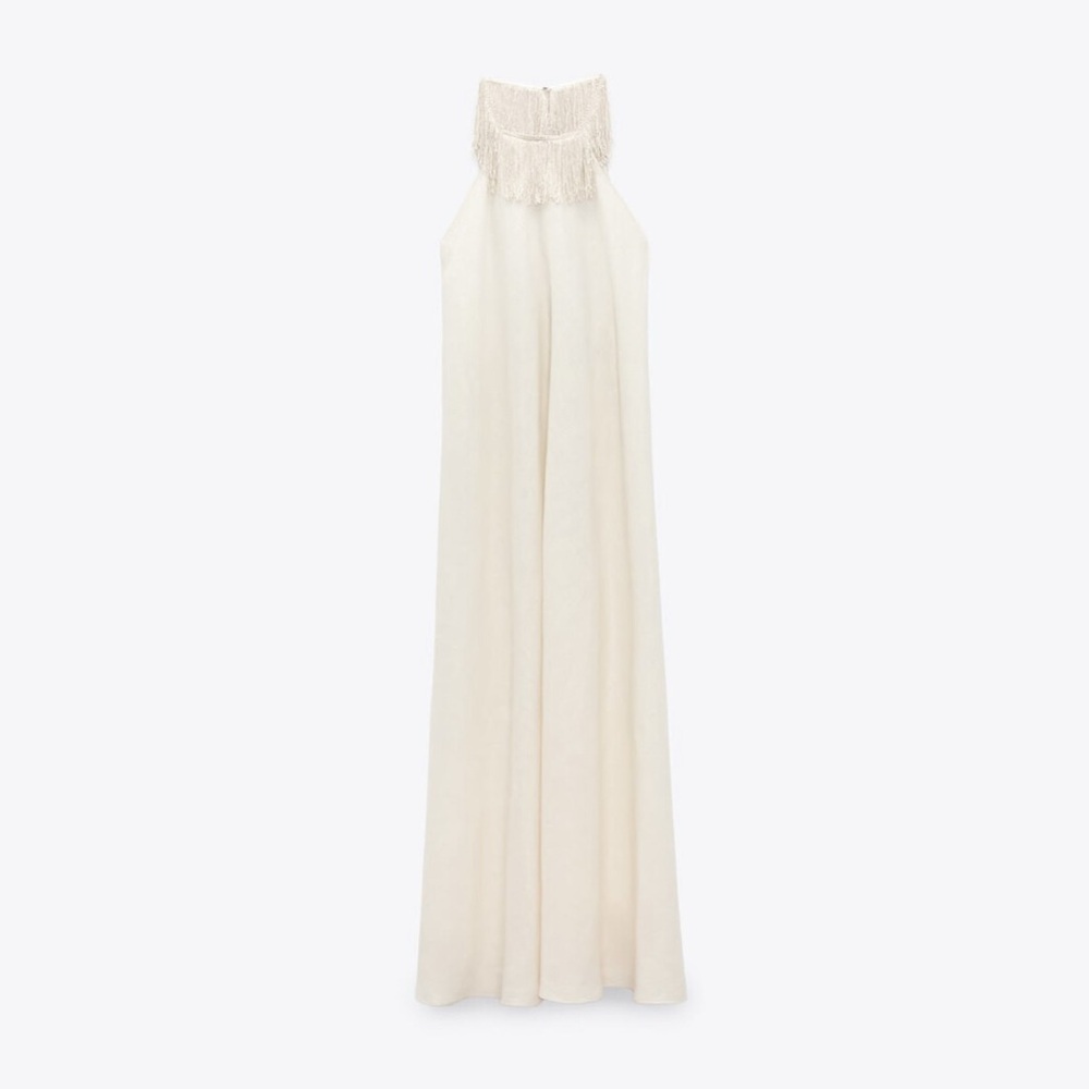 ZARA | Limited Edition Linen Cream Halter Dress with Fringe Boho Goddess